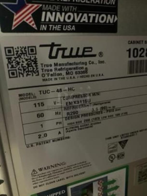 Alt text: True TUC-48-HC undercounter refrigerator label showing model, 115V, made by True Manufacturing Co., USA.