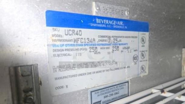 Beverage-Air UCR48 undercounter refrigerator label showing model, refrigerant type, electrical specs, and origin.