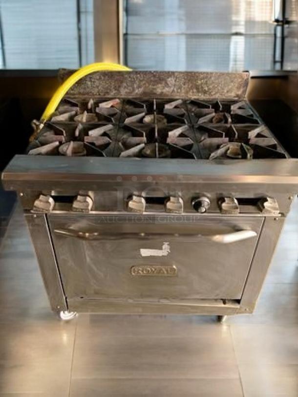 Royal Range RR-6-C 36" gas restaurant range with 6 open burners and convection oven in superb condition, 210,000 BTU, tested.