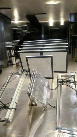 Lot of 12 menu board signage and lighting units by Commercial Grade Display Systems. Includes tested double and single boards.