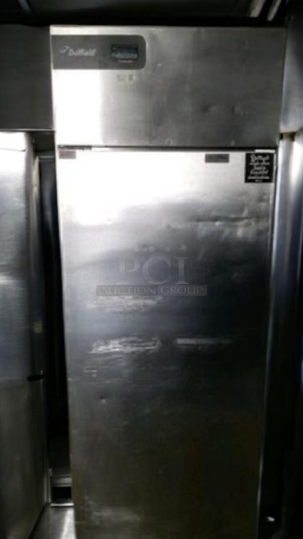 Delfield GBF1P-S-IJ single door upright freezer, stainless steel, tested, 115V, excellent condition, visible brand label.
