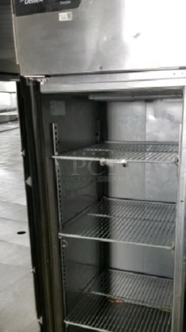Delfield GBF1P-S-IJ single-door upright freezer, stainless steel, with shelves, prime condition, 115V, fully tested and working.