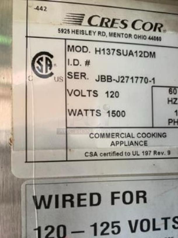 Cres Cor H-137-SUA-12D full height insulated mobile heated cabinet in immaculate condition, 120V, fully tested. Model and serial labeling visible.