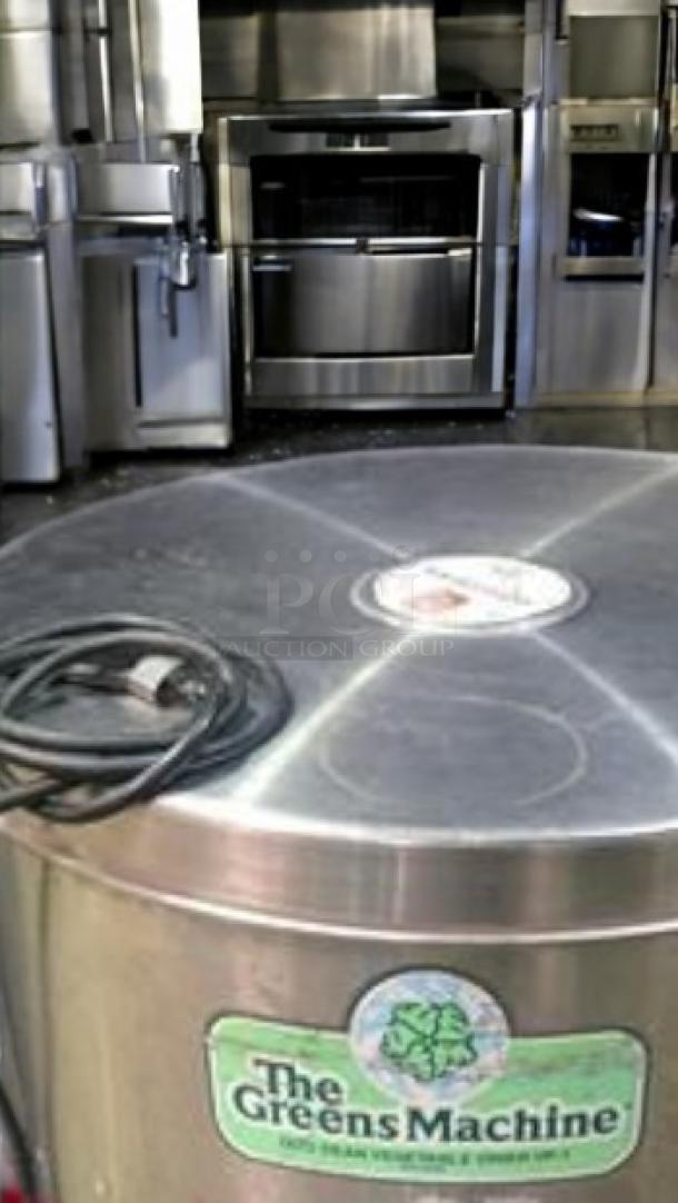 The Greens Machine commercial electric lettuce dryer, stainless steel, 115V, great condition, fully tested, manufacturer label visible.