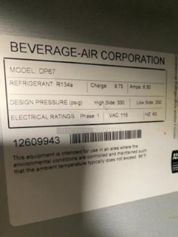 Beverage-Air DP67 tag showing model, refrigerant R134a, design pressure, and electrical ratings for pizza prep table.