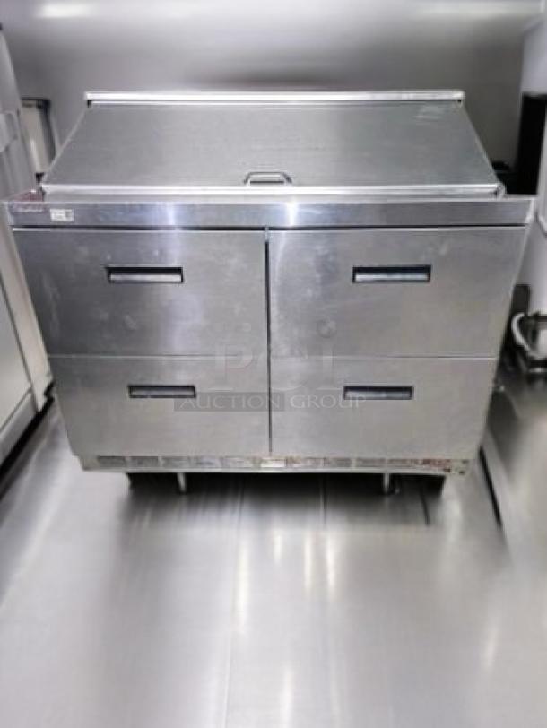 Delfield 4448N-18M 48" refrigerated prep table in superb condition with two drawers, stainless steel finish, 115V, fully tested.