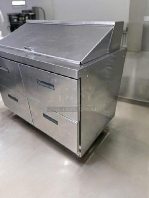 Delfield 4448N-18M 48" refrigerated sandwich prep table with two drawers, stainless steel, superb condition, fully tested.