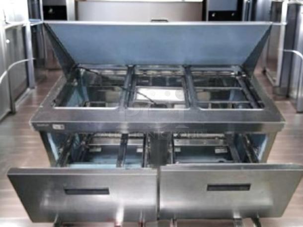 Delfield 4448N-18M refrigerated sandwich prep table, 48", stainless steel, two-drawer unit, superb condition, fully tested.