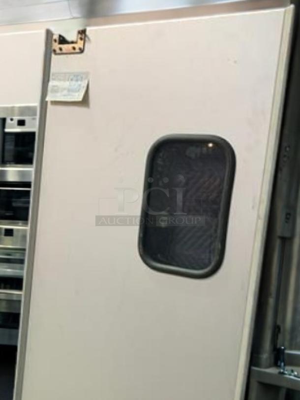 Immaculate Eliason Easy Swing Door, commercial traffic door with window, fully functional, ready for installation.