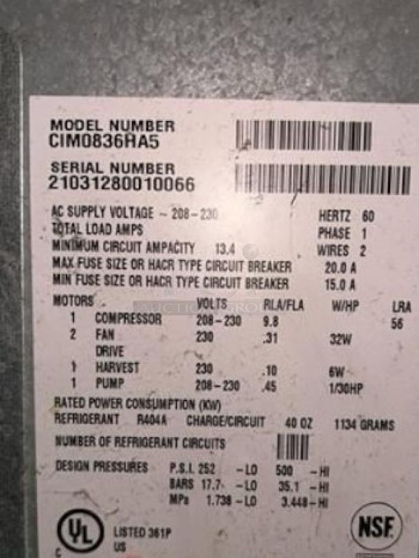 Ice-O-Matic CIM0836MA5 modular air-cooled ice maker label, showing specifications: 208-230V, 900 lbs/day capacity, NSF-certified.