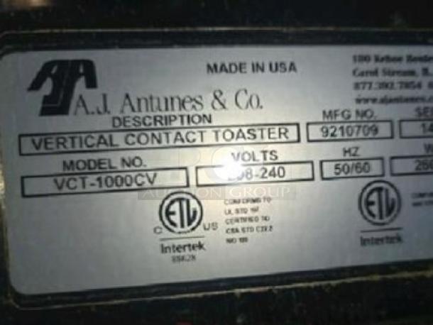 A.J. Antunes & Co. VCT-1000CV Vertical Contact Bun Toaster label, showing model, voltage, and compliance markings.