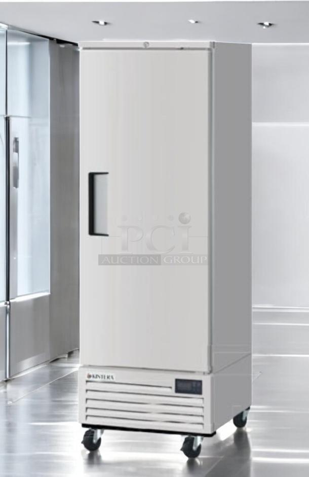Superb condition Kintera KBM1F single door upright commercial freezer on wheels, 115V, fully tested, Mansfield, MA.