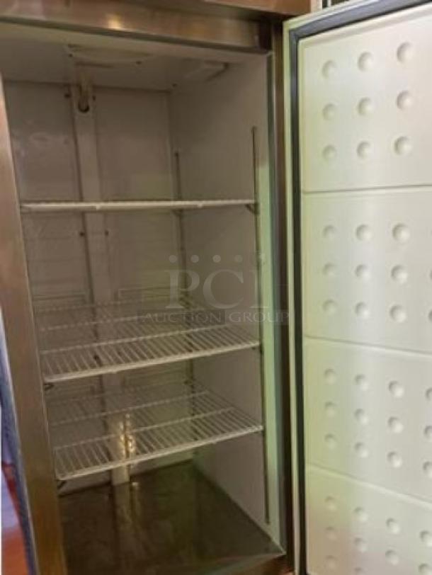 Kintera KBM1F single door upright freezer, superb condition, stainless steel, 115V, three wire shelves, fully tested.