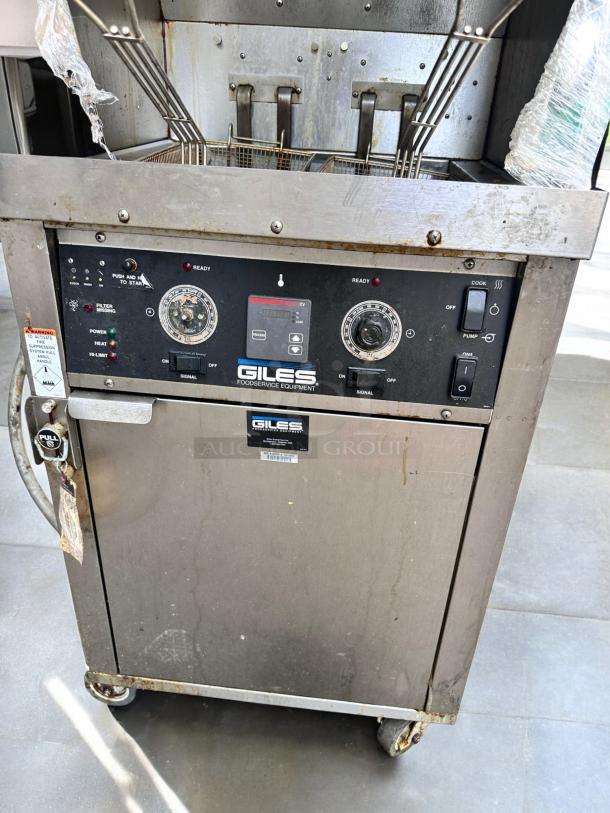 Giles WOG-MP-VH Electric Fryer with ventless hood, 208V/3Ph, floor model, stainless steel, tested and working.