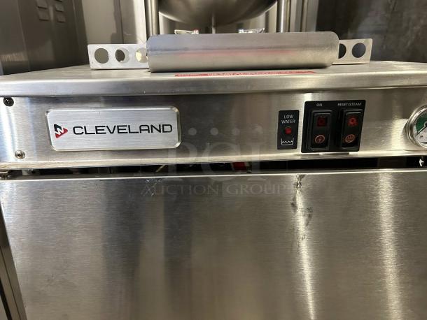 Cleveland 24-GM-K6-200 natural gas steam jacketed kettle, 6-gallon, modular generator base, labeled controls, excellent condition.