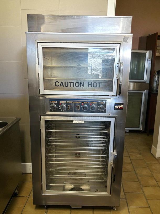 NUVU SUB-123P oven proofer, stainless steel, great condition, 220v 3ph, tested and working, features controls and "Caution Hot" label.