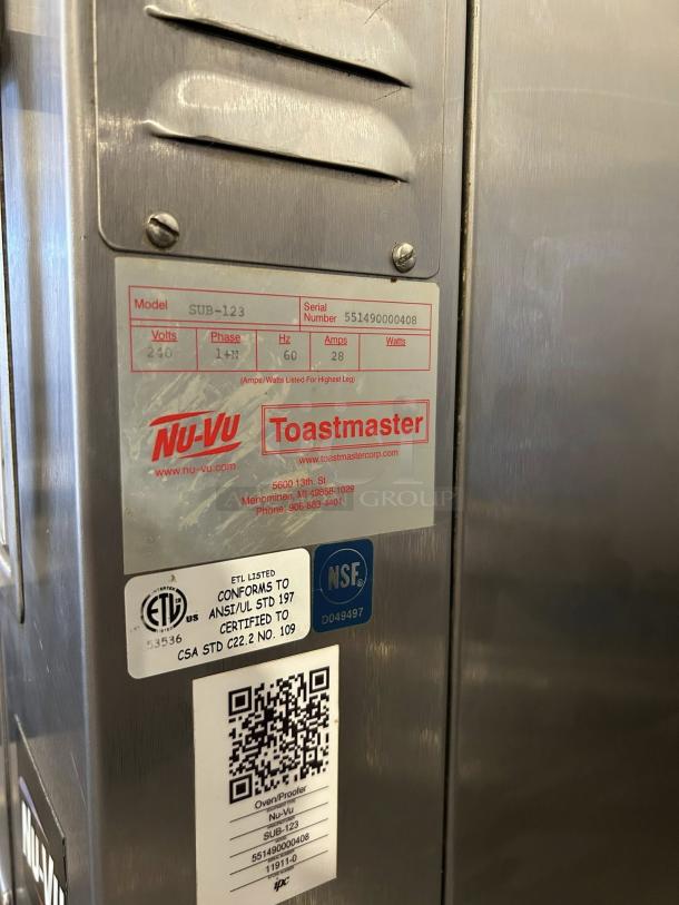 NUVU SUB-123P Oven Proofer, stainless steel, model tag shows 240V, 3-phase, tested working, ETL and NSF certified.