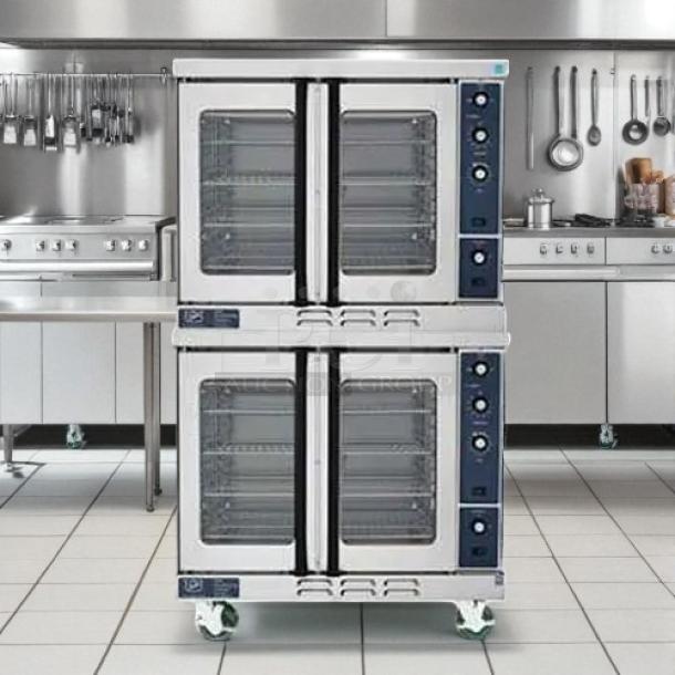Duke E102-G double full-size natural gas convection oven, 40,000 BTU, tested and working condition. Stainless steel finish.