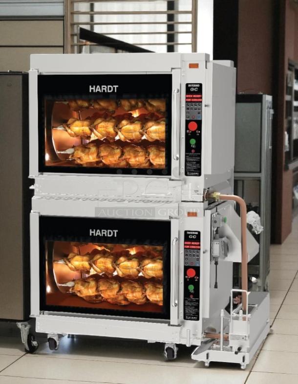 HARDT INFERNO 4500 natural gas rotisserie, double stacked, excellent condition, tested, working, visible controls, wheels.