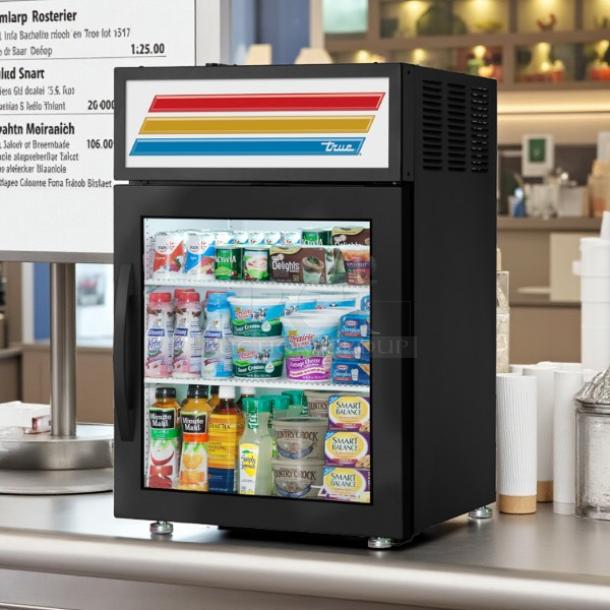 True GDM-5-LD countertop glass door merchandiser, 5 cu. ft., black, great condition, tested, working; logo visible.