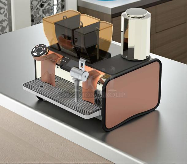 Thermoplan Mastrena II Espresso Machine, 220v, 3ph, used, tested working. Features dual hoppers, tamp faucet, digital controls.