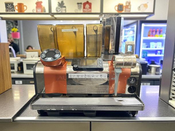 Starbucks Thermoplan Mastrena II Espresso Machine, 220v, 3ph, tested and working. Dual bean hoppers, touch interface visible.