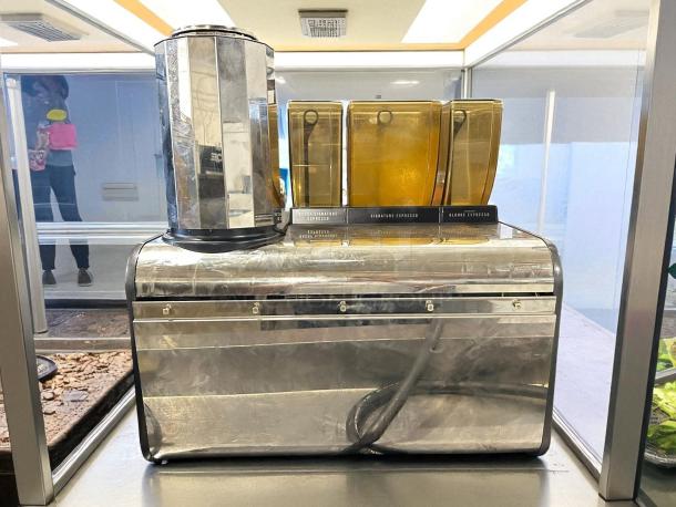 Thermoplan Mastrena II Espresso Machine, 220v, 3ph, tested and working, with visible coffee bean hoppers, polished exterior.