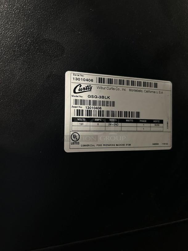 Curtis GSG-3BLK coffee grinder label, model GSG-3BLK, 120v, in excellent condition. UL listed commercial machine.
