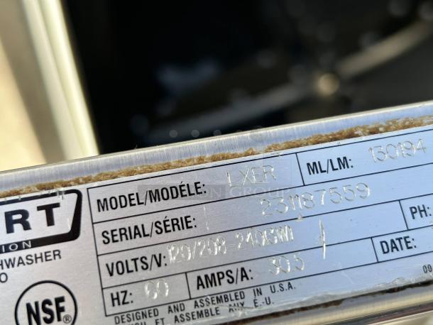 Hobart LXER-2 dishwasher label showing model, serial number, volts, and amperage details. NSF certified.
