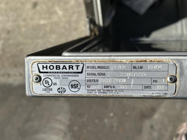 Close-up of Hobart LXER-2 dishwasher label showing model, serial number, voltage, and listing certifications.