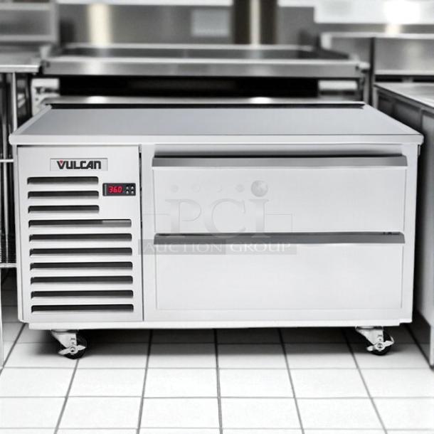 Vulcan VSC48 48" 2-drawer refrigerated chef base, features self-contained cooling, digital display, tested, working.
