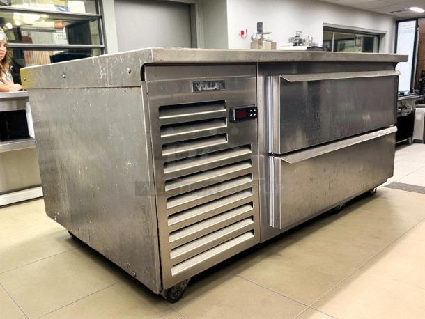 Vulcan VSC48 48" self-contained, 2-drawer refrigerated chef base. Stainless steel, tested, working, minor surface wear.