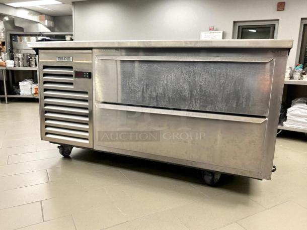 Vulcan VSC48 48" refrigerated chef base with two drawers, stainless steel, tested and working, on casters.