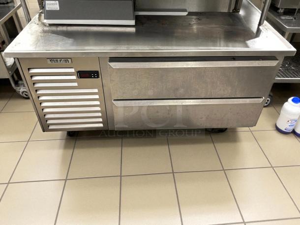Vulcan VSC48 48" self-contained 2 drawer refrigerated chef base, tested working, stainless steel, visible Vulcan logo.