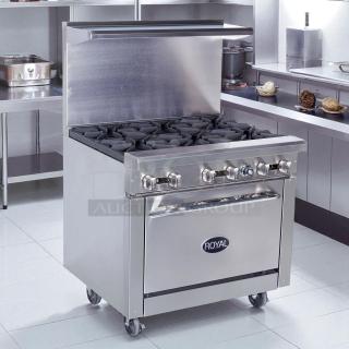Royal Range RR-6 commercial gas range, 6 burners, 36" width, stainless steel, excellent condition, tested and working.