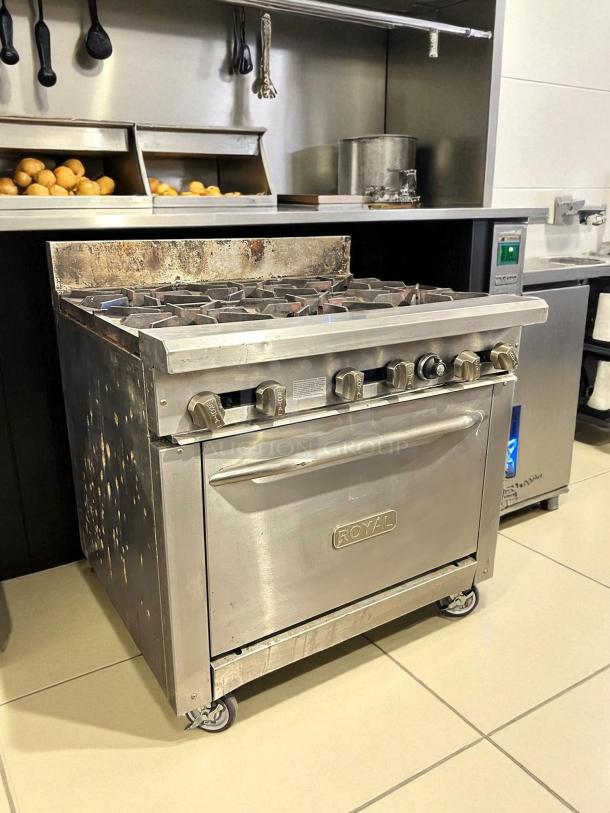 Royal Range RR-6 commercial gas range, 6 burners, 36-inch, excellent condition, stainless steel, tested and working.