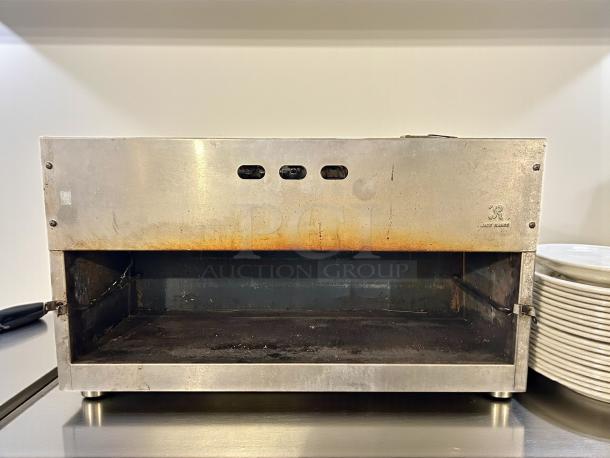 Jade JCM-36 gas cheesemelter, stainless steel, manual controls, tested working, signs of use, 36 inches wide.