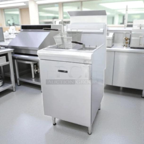 Adcraft BDGF-150 Black Diamond floor-standing fryer, 150,000 BTU, natural gas, tested and working, in a commercial kitchen setting.