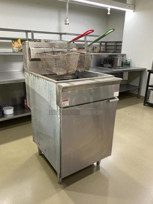 Adcraft BDGF-150 Black Diamond fryer, floor-standing, 150,000 BTU, natural gas, working condition, includes fry baskets.
