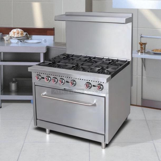 MoTak MR6-C-S 36" gas range with 6 burners, standard oven; great condition, tested and working, stainless steel finish.