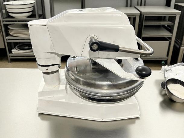 Proluxe Endurance DP2010 dough press, white, 12" dual-heat, manual, heavy-duty, 208V, 4600W, in good condition.