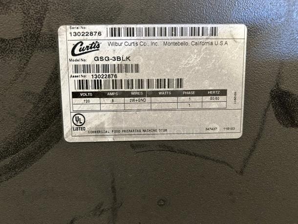 Curtis GSG-3BLK Automatic Coffee Grinder, 2 1/2 lb hopper, digital, 120v, tested, working, UL listed, serial 13022876.