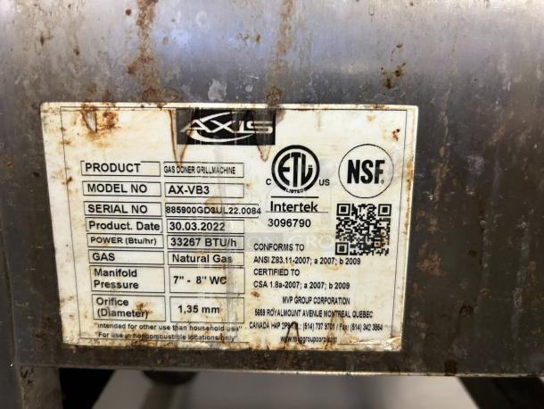 AXIS AX-VB3 18" 3 Burner Vertical Gas Broiler label showing product details, model, serial number, and certification marks.