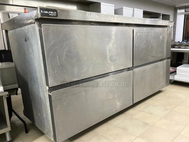 Delfield GUR60BP-D 4-drawer worktop refrigerator, 11.7 cu. ft., excellent condition, visible Delfield logo, stainless steel.