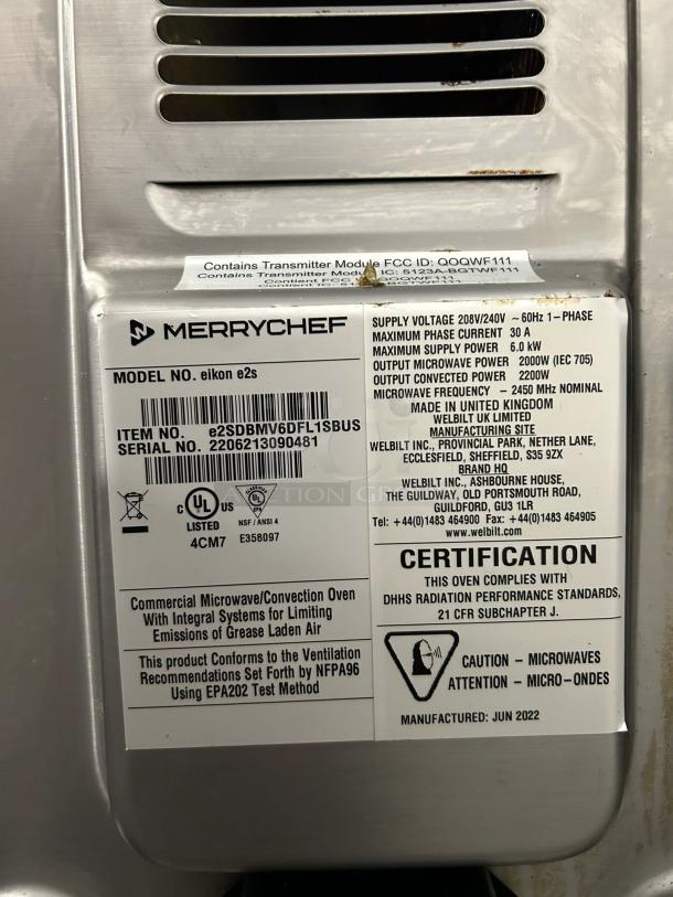 Merrychef eikon E1S high-speed microwave convection oven, 208-240v/1ph, tested working, label with certifications visible.