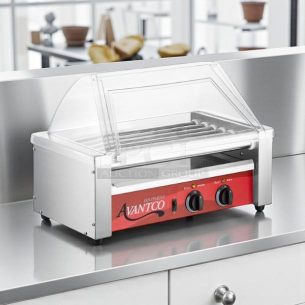 Avantco RG1830NS hot dog roller grill with 11 non-stick rollers, 120V, 910W, excellent condition, tested and working.