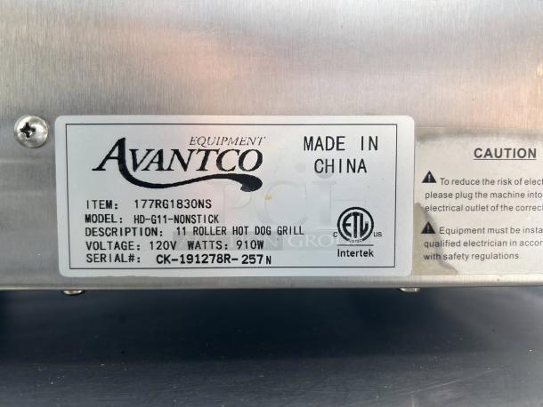 Avantco RG1830NS hot dog roller grill label, 11 non-stick rollers, 120V, 910W, serial CK-191278R-257N, excellent condition.