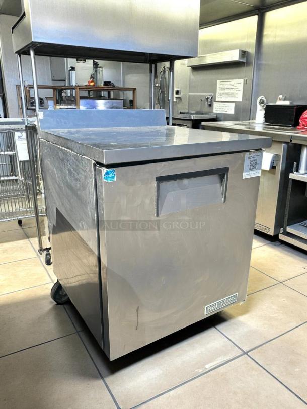 True® TWT-27-HC stainless steel worktop refrigerator, 6.5 CF, 2 shelves, solid door, great condition, tested and working.