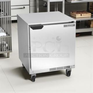 Beverage Air UCR27A 27" undercounter refrigerator in excellent condition, stainless steel, on casters, with visible model label.