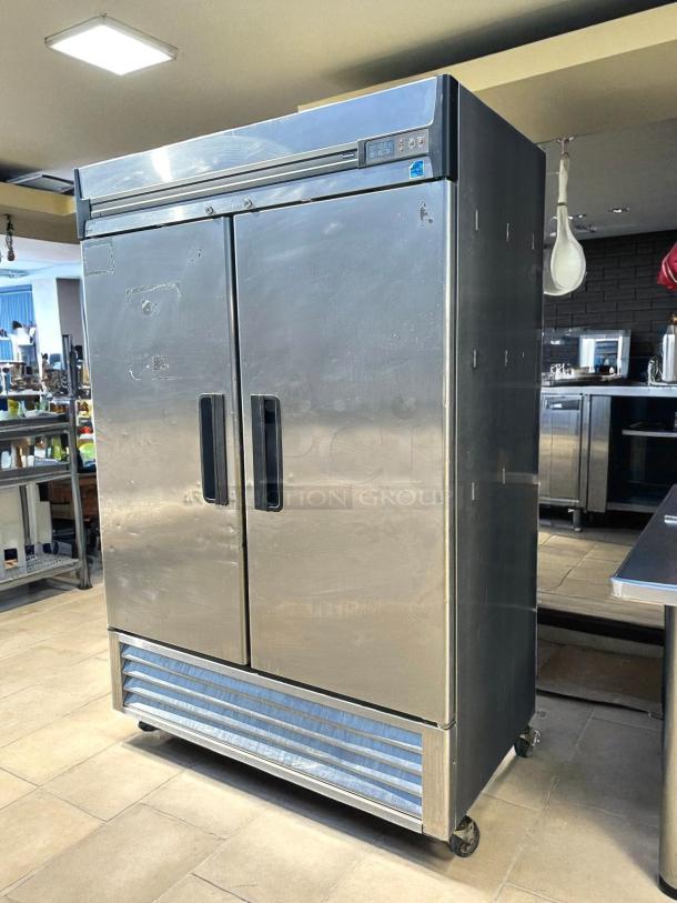 Blue Air R49-S Refrigerator, stainless steel, two-section, excellent condition, tested, working, commercial kitchen setting.